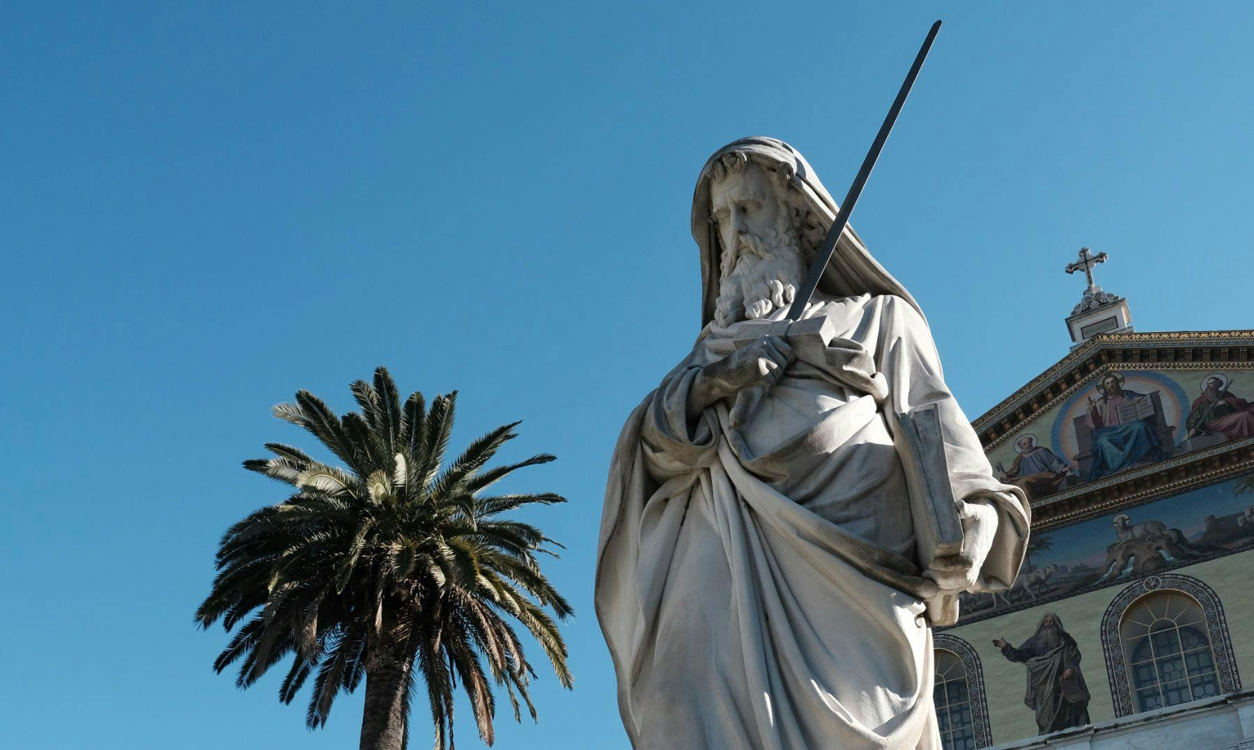 rome saint paul outside the walls statue quadriportico holding sword book epistles